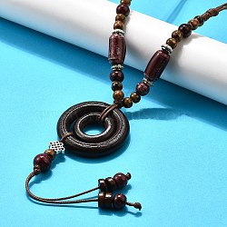 Ethnic Style Alloy & Porcelain Ceramic Beads & Wood Ring Pendant Tassel Y Necklaces, Adjustable Waxed Cord Necklaces, Coconut Brown, 20.47 inch(52cm)~32.28 inch(82cm)(NJEW-D308-02)