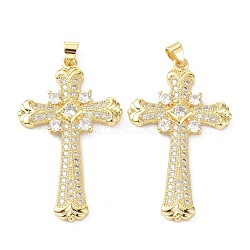 Brass Micro Pave Cubic Zirconia Pendant, Long-Lasting Plated, Cross, Lead Free & Cadmium Free, Real 18K Gold Plated, 42x25x3mm, Hole: 3.5x5mm(ZIRC-C021-23G)