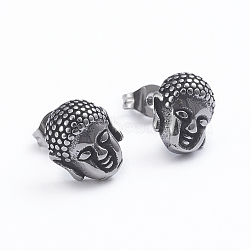 Retro 304 Stainless Steel Stud Earrings, with Ear Nuts, Buddha Head, Antique Silver, 11x9.5mm, Pin: 0.7mm(X-EJEW-L248-016AS)