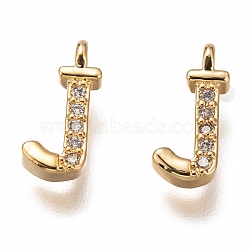 Brass Micro Pave Clear Cubic Zirconia Charms, Cadmium Free & Lead Free, Long-Lasting Plated, Alphabet, Letter.J, 11x4.5x3mm, Hole: 1.4mm(ZIRC-B002-39G-J)