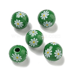 Printed Wood European Beads, Round with Daisy Pattern, Green, 15.5~16mm, Hole: 4~4.5mm(WOOD-G022-19B)