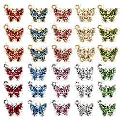 30Pcs Alloy Pendants, with Cubic Zirconia, Golden, Butterfly, Mixed Color, 12x15mm, Hole: 2mm(JX248A)