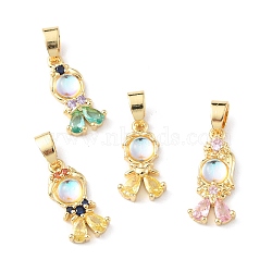 Brass Micro Pave Cubic Zirconia Pendants, with Glass, Long-Lasting Plated, Real 18K Gold Plated, Cadmium Free & Lead Free, Girl, Mixed Color, 17.5~21x9~10x4mm, Hole: 5x3mm(KK-P233-03G)