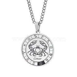 Unisex 201 Stainless Steel Constellation Pendant Necklaces, with Curb Chains, Laser Engraved Pattern, Flat Round, Cancer, 13.19 inch(335mm) (NJEW-T011-LA721-4)