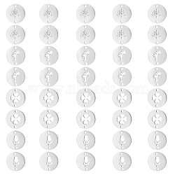 Unicraftale 40Pcs 4 Style 304 Stainless Steel Connector Charms, Flat Round with Plant Pattern, Stainless Steel Color, 12x1mm, Hole: 1.2mm, 10pcs/style(STAS-UN0035-24)