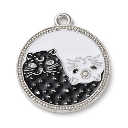 Alloy Enamel Pendants, Platinum, Flat Round with Cat Charm, 25x22x1.3mm, Hole: 1.8mm(ENAM-C019-02C-01)