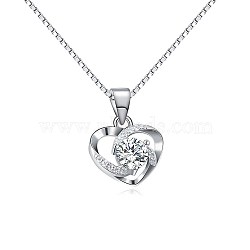 Anti-Tarnish Rhodium Plated 925 Sterling Silver Pendants, with Cubic Zirconia, Heart, Clear, Platinum, 13mm(ZIRC-BB50406-A)