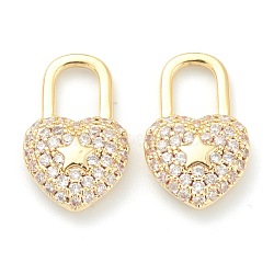 Brass Clear Cubic Zirconia Pendants, Long-Lasting Plated, Lock with Heart, Golden, 16.5x10x4mm, Hole: 6X4mm(ZIRC-B010-07G)