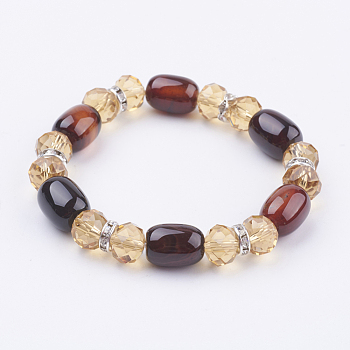Natural Agate and Glass Stretch Bracelets, with Brass Rhinestone Findings, Colorful, 2 inch(51mm)