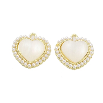 Rack Plating Alloy Resin Pendants, Heart Charms with ABS Imitation Pearl, Golden, 21.5x22x7mm, Hole: 2mm