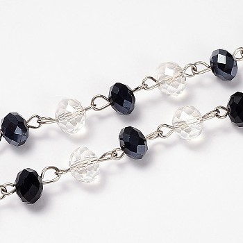 Glass Rondelle Beads Chains for Necklaces Bracelets Making, with Platinum Iron Eye Pin, Unwelded, Black, 39.3 inch