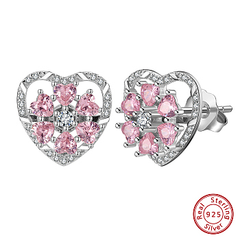 Rhodium Plated 925 Sterling Silver Rotating Heart Stud Earrings, with Pink Cubic Zirconia, with S925 Stamp, Real Platinum Plated, 17x17mm