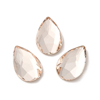 Glass Rhinestone Cabochons, Flat Back & Back Plated, Faceted, Teardrop, Light Peach, 14x9x3.5mm
