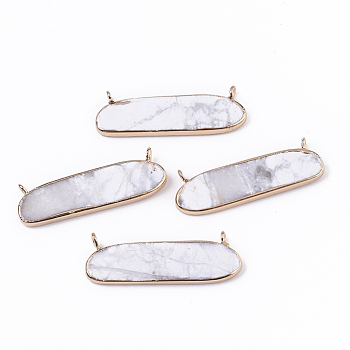 Edge Golden Plated Natural Howlite Pendants, with Iron Loops, Oval, 13.5~14.5x40x2.5~3.5mm, Hole: 1.5mm