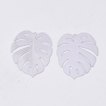 Brass Pendants, Tropical Leaf Charms, Etched Metal Embellishments, Long-Lasting Plated, Monstera Leaf, Platinum, 29.5x25x0.3mm, Hole: 1.2mm