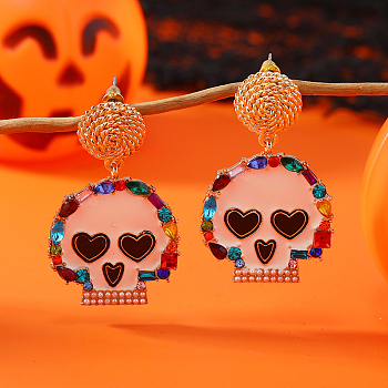 Colorful Halloween Skull Stud Earrings, with Rhinestones and Exaggerated Features, Golden