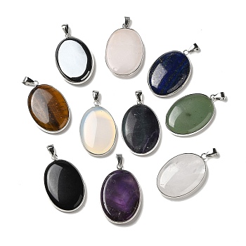 Natural & Synthetic Mixed Gemstone Pendants, Oval Charms with Platinum Plated Metal Findings, 39.5x26x6mm, Hole: 7.6x4mm
