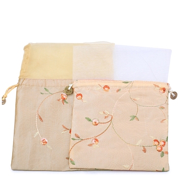Silk Embroidery Flower Pouches, Drawstring Bag, Rectangle, Navajo White, 25x16cm