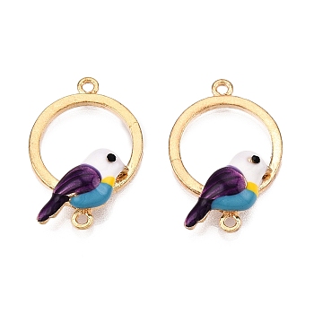 Rack Plating Alloy Colorful Enamel Ring with Bird Links Connector Charms, Cadmium Free & Nickel Free & Lead Free, Light Gold, 17x25.5x6mm, Hole: 1.4mm