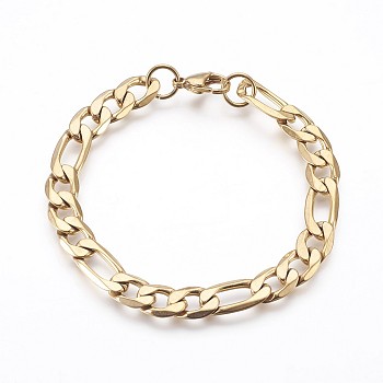 Ion Plating(IP) 304 Stainless Steel Figaro Chain Bracelets, with Lobster Claw Clasps, Golden, 8-1/8 inch(20.7cm), 8.5mm