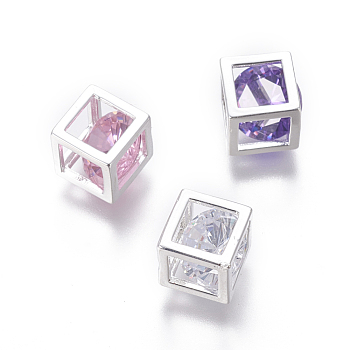 Cubic Zirconia Charms, with Alloy Findings, Cube, Silver Color Plated, Mixed Color, 7.5x7.5mm