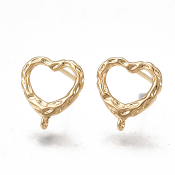 Brass Stud Earring Findings, with Loop, Real 18K Gold Plated, Heart,11.5x10.5mm, Hole: 0.8mm