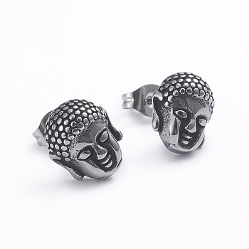 Retro 304 Stainless Steel Stud Earrings, with Ear Nuts, Buddha Head, Antique Silver, 11x9.5mm, Pin: 0.7mm