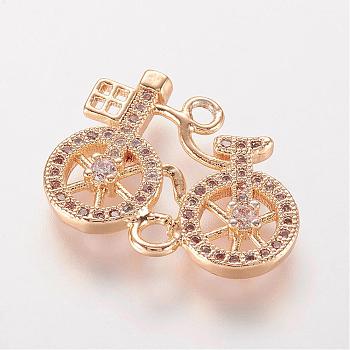 Brass Micro Pave Cubic Zirconia Links, Bicycle, Golden, 15x19.5x2.5mm, Hole: 1.5mm