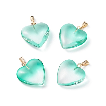 Two Tone Spray Painted Glass Pendants, with Golden Plated Iron Bails, Heart, Medium Aquamarine, 22x20.5x7mm, Hole: 6x2mm