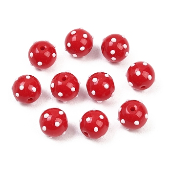 Handmade Lampwork Beads, Round with Wave Point Print, Red, 10x9.5mm, Hole: 1.6mm