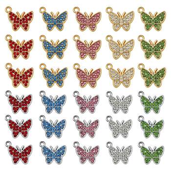 30Pcs Alloy Pendants, with Cubic Zirconia, Golden, Butterfly, Mixed Color, 12x15mm, Hole: 2mm