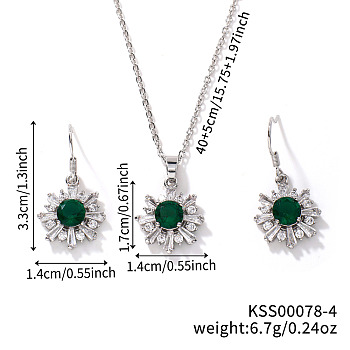 Brass Rhinestones Flower Jewelry Set, Earrings & Necklaces Set for Fashionable Women, Green