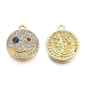 Rack Plating Alloy Pendants, with Rhinestone, Cadmium Free & Nickel Free & Lead Free, Flat Round with Smiling Face, Light Gold, 21.5x18x3.5mm, Hole: 1.8mm
