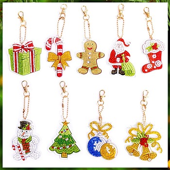 Christmas Theme DIY Diamond Painting Keychain Kit, Including Acrylic Board, Keychain Clasp, Bead Chain, Resin Rhinestones Bag, Diamond Sticky Pen, Tray Plate and Glue Clay, Mixed Shapes, 100x30mm, 9pcs/set