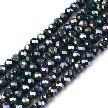 Electroplate Glass Beads Strands, Opaque Solid Color, AB Color Plated, Faceted, Rondelle, Teal, 3.5~3.8x3mm, Hole: 0.4mm, about 113~115pcs/strand, 32.5~33cm