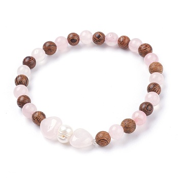 Natural Rose Quartz Stretch Bracelets, with Grade B Pearl Beads and Wood Beads, 2 inch(5.2cm)~2-1/8 inch(5.4cm)