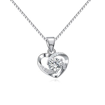 Anti-Tarnish Rhodium Plated 925 Sterling Silver Pendants, with Cubic Zirconia, Heart, Clear, Platinum, 13mm