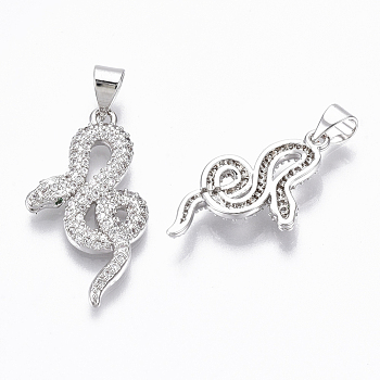 Brass Micro Pave Cubic Zirconia Pendants, Nickel Free, Snake, Clear, Real Platinum Plated, 24.5x14x3mm, Hole: 3x4mm