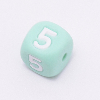 Silicone Beads, for Bracelet or Necklace Making, Arabic Numerals Style, Aquamarine Cube, Num.5, 10x10x10mm, Hole: 2mm