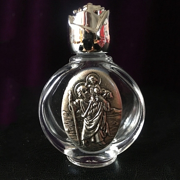 Glass Holy Water Bottle with Zinc Alloy Cap, Religion Portable Refillable Container, Antique Silver, 6.7x4.4cm