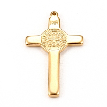 304 Stainless Steel Pendants, Cross with  Saint Benedict Medal, Golden, 33x19x2mm, Hole: 1.2mm