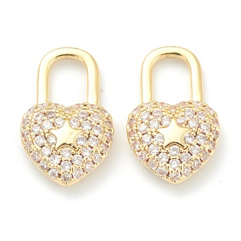 Brass Clear Cubic Zirconia Pendants, Long-Lasting Plated, Lock with Heart, Golden, 16.5x10x4mm, Hole: 6X4mm