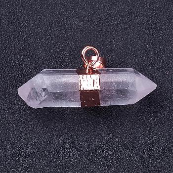 Natural Quartz Crystal Double Terminated Pointed Pendants, with Brass Findings, Bullet, Rose Gold, 34~46x15~18mm, Hole: 5x8mm