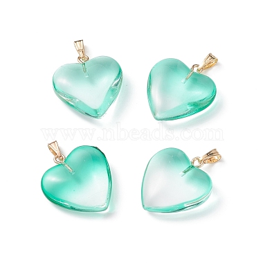 Golden Medium Aquamarine Heart Iron+Glass Pendants