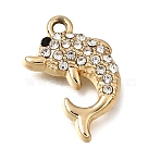 UV Plating Alloy Crystal Rhinestone Pendants, Dolphin Charms, Golden, 19x13x3mm, Hole: 1.6mm(RB-CBAD37D-20G)