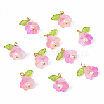 10Pcs Acrylic & Glass Flower Pendants, with Brass Findings, Hot Pink, 14mm, Hole: 2.3mm(PALLOY-YW00116-03)