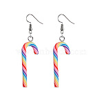 Christmas Candy Cane Polymer Clay Dangle Earrings, Platinum, Colorful, 74x20mm(FS-WG2A6C6-04)