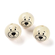 Spray Painted Natural Wood European Beads, Large Hole Beads, Round with Printed Bear , Beige, 25mm, Hole: 6mm, about 100pcs/500g(WOOD-D024-01E)