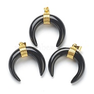 Natural Obsidian Pendants, with Golden Brass Findings, Double Horn/Crescent Moon, 31~33x30x10mm, Hole: 6x4mm(G-A017-09G)