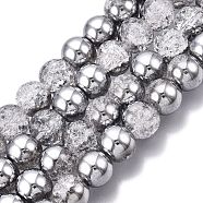 Electroplated Crackle Glass Beads Strands, Half Plated, Round, Silver, 10~10.5mm, Hole: 1.2mm, about 41~42pcs/strand, 14.76~14.96 inch(37.5~38cm)(X-EGLA-N014-10mm-03)